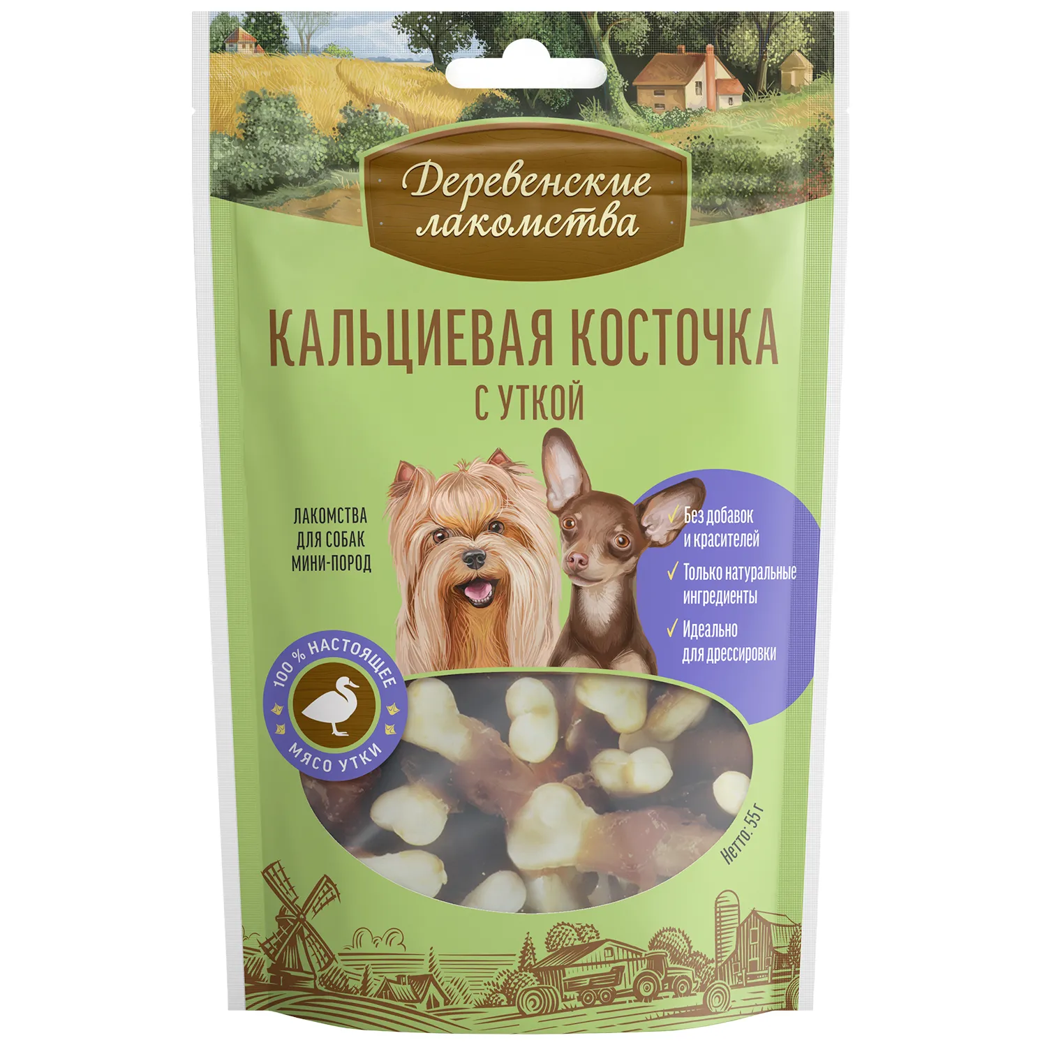 Лакомство для собак Деревенские лакомства мини пород Косточка кальций утка  55г